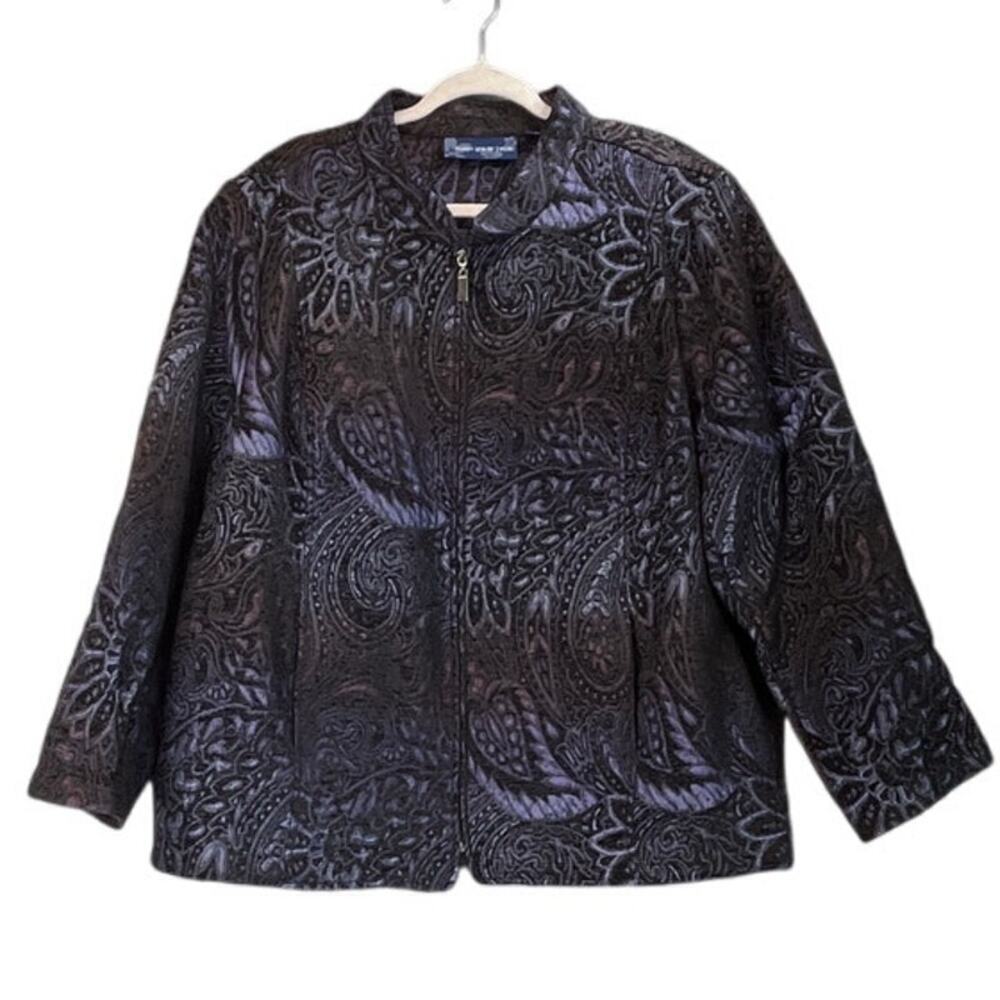 Susan Graver Womens 3X Black/Purple Paisley Full Zip Pockets Office Wear Jacket